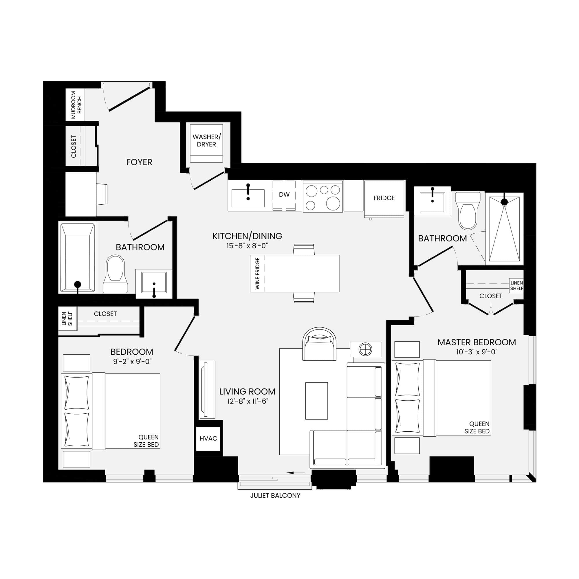 Richmond II 2 Bedroom floor plan 745 sq ft — Parker at Yonge and Eglinton Toronto