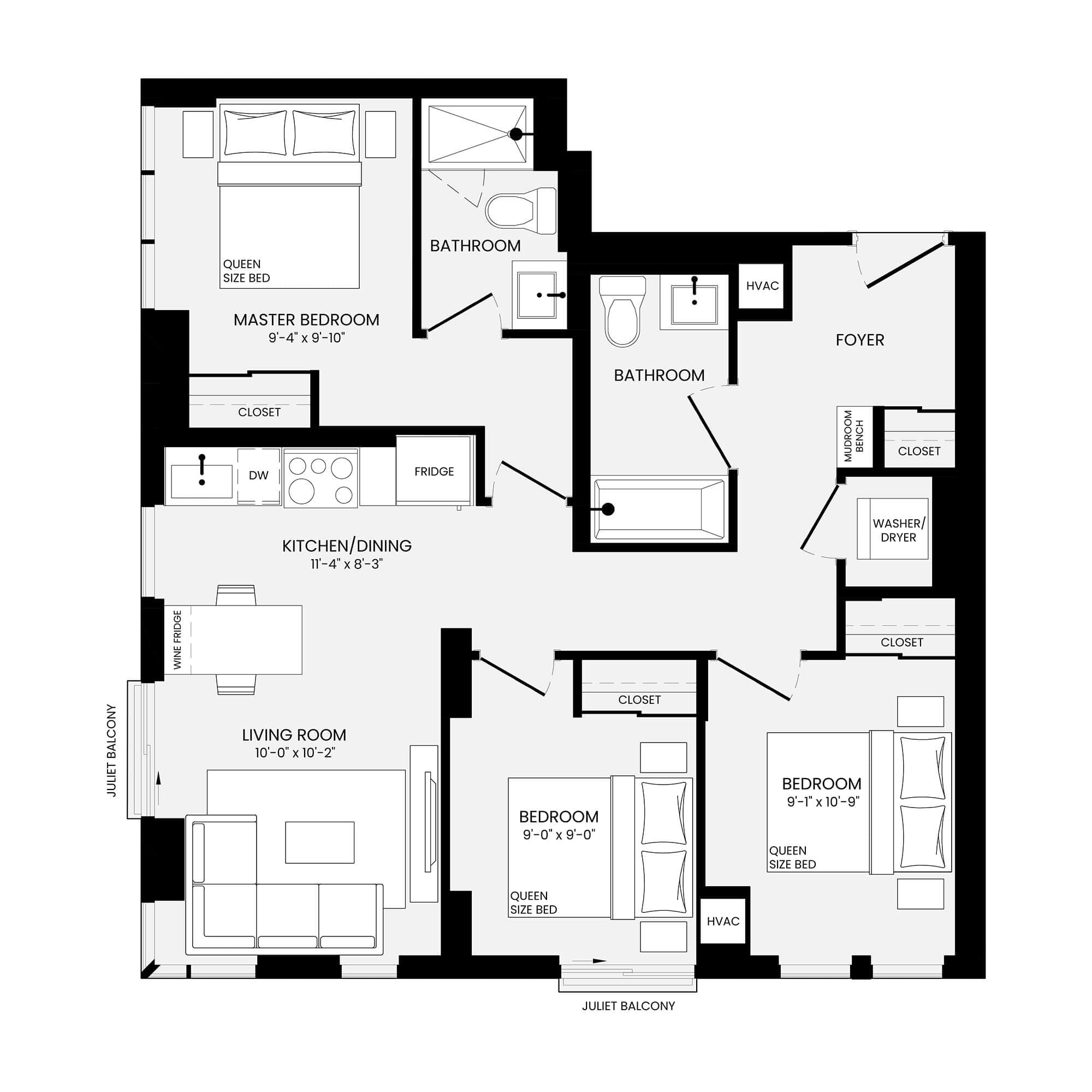 Hampstead 3 Bedroom floor plan 886 sq ft — Parker at Yonge and Eglinton Toronto