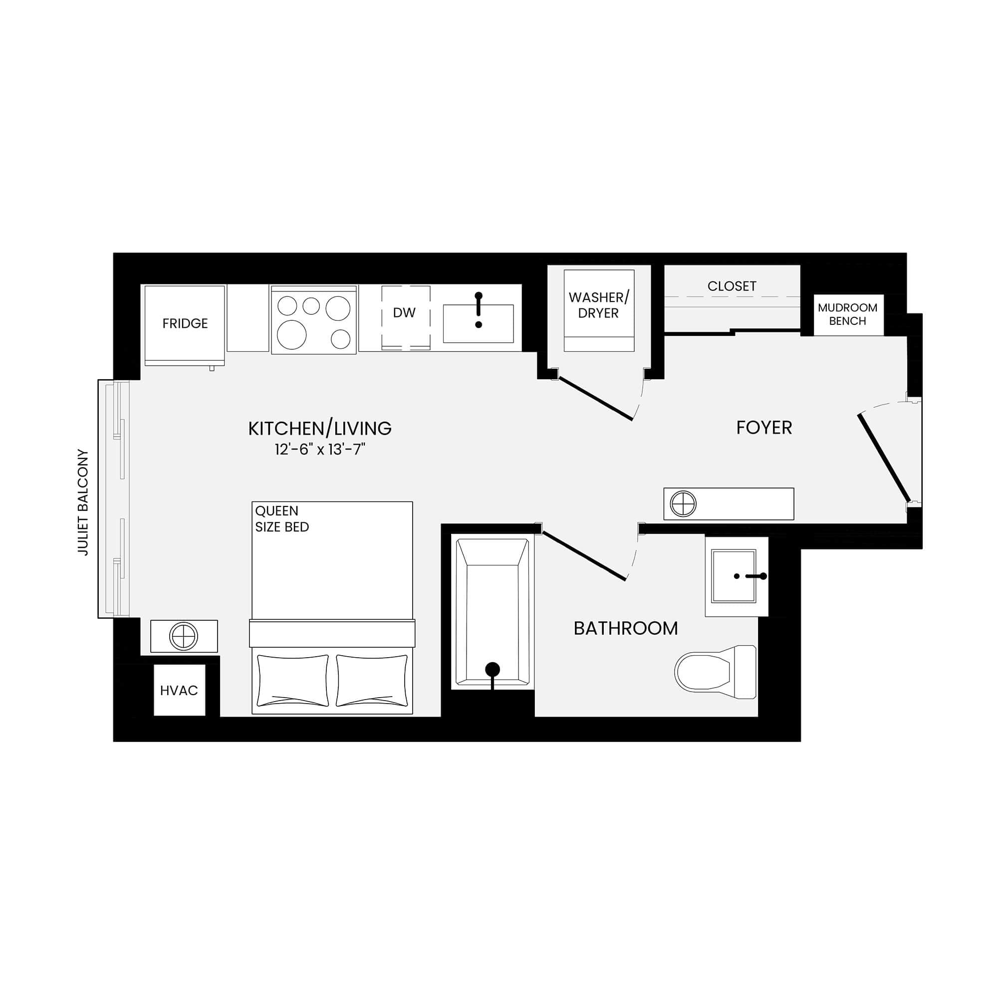 Primrose Studio floor plan 350 sq ft — Parker at Yonge and Eglinton Toronto